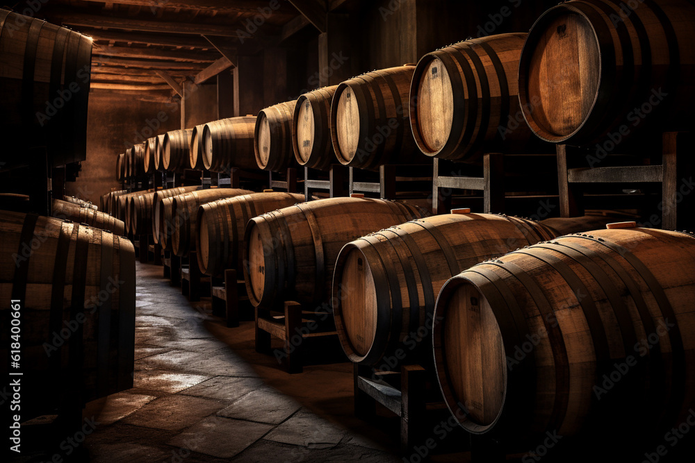 Oak barrels in a winery or cellar Vintage Barrels and Casks in Old Cellar,Winery's Perfect Storage , Delicious Wine. Generative AI