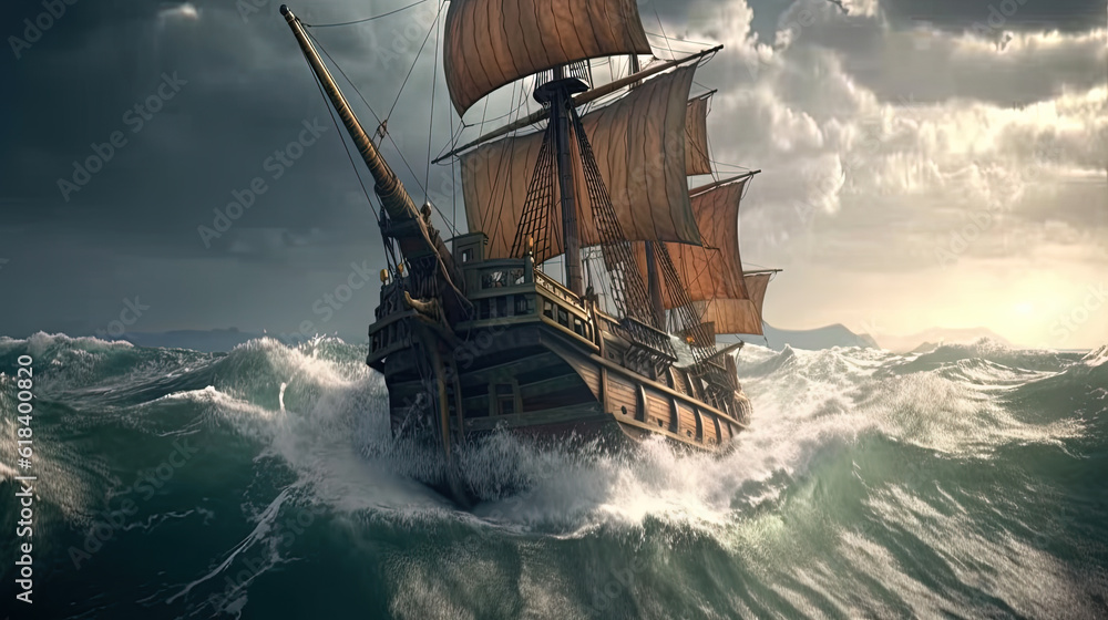 Obraz premium Ship in the stormy sea with huge waves. Giant stormy waves in the ocean and boat. Generated AI.