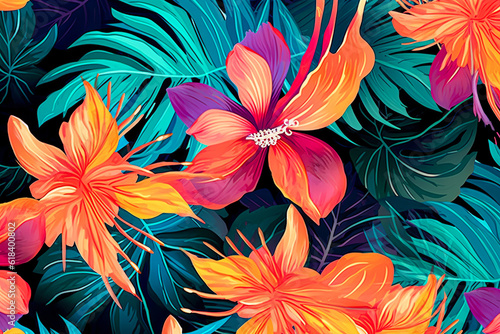 Seamless pattern tropical background  illustration of exotic summer leaf and plants in vivid colorful colors  flat lay. Illustration  Generative AI.