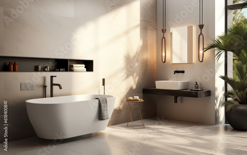 Contemporary upscale wall-mounted toilet with a closed seat  dual flush  ribbed glass partition  bidet  tissue paper holder  and a white bathtub on a granite tile floor  all illuminated by sunlight