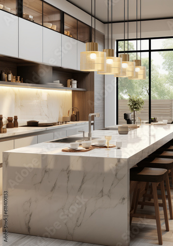 Contemporary beige kitchen counter with a white marble surface, a pendant lamp over it, a splashback, a cabinet counter, and a cupboard, all against a 3D background of interior design products. 
