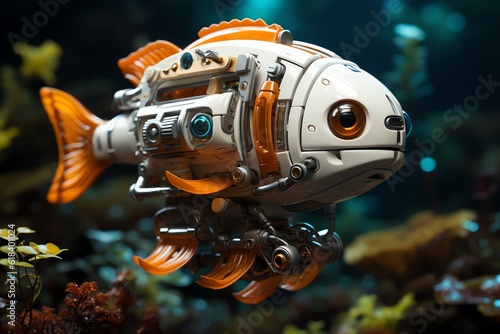 Cute aquatic robot swimming with fish wallpaper