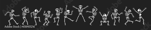 Skeletons dancing with different positions flat style design vector illustration set. Funny dancing Halloween or Day of the dead skeletons collection. Creepy, scary human bones characters silhouettes.