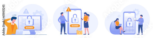 Banned system, connection, website, internet security, system computer, technology computing, hacked, flat design illustration vector banner and background