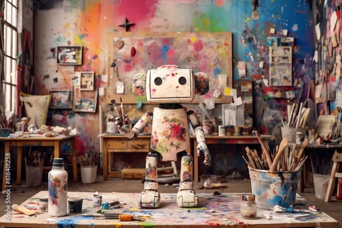 Cute artist robot painting on a canvas