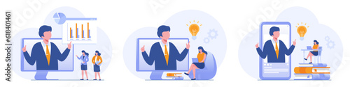 People connecting online with teleconference and video conference for meeting learning remote working concept. flat vector illustration design