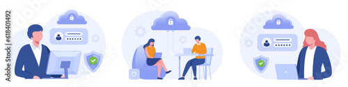 Database and personal data security, cyber data security, privacy, technology, flat design concept illustration template for website