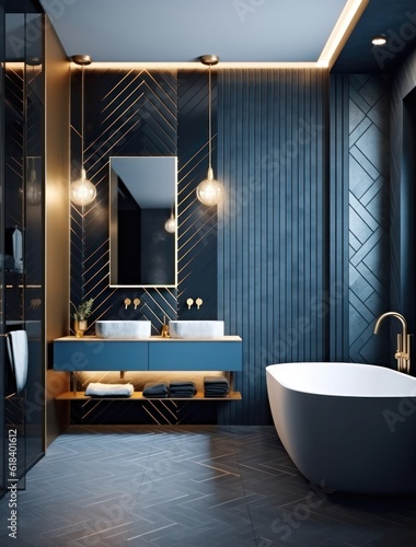 Contemporary bathroom design, high-end designer bathroom with freestanding tub, natural light, marble and tiles