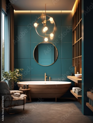 Contemporary bathroom design, high-end designer bathroom with freestanding tub, natural light, marble and tiles