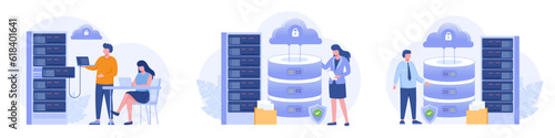 Server technology concept, database system, cloud, data management, personal data security, flat vector banner for landing page website