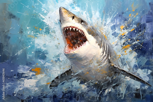 Beautiful painting of a shark with open mouth and angry in the sea. Undersea animals. Illustration  Generative AI.