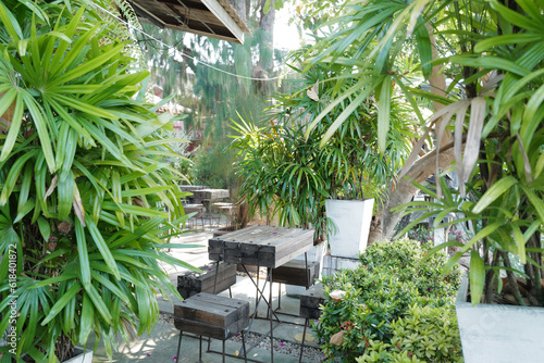 Exterior terrace design and patio decoration decorated with wooden table and chairs in green garden park