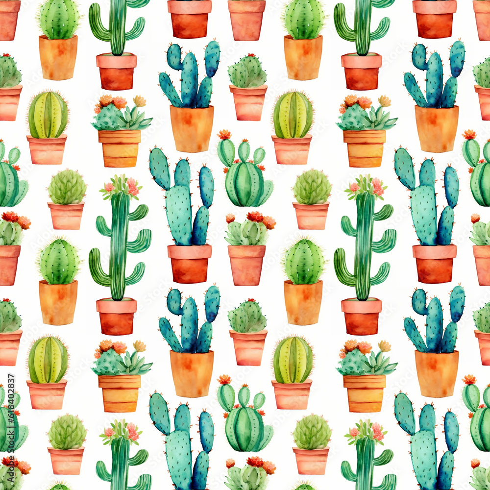 Watercolor seamless pattern with cacti and flowers. Flowers pots with cacti on white background. For wrapping paper, textile, wallpapers, postcards, greeting cards. AI Watercolor seamless pattern with cacti and flowers. Flowers pots with cacti on white background. For wrapping paper, textile, wallpapers, postcards, greeting cards. AI