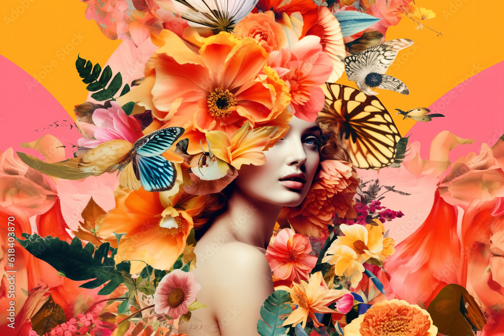 Naklejka premium Contemporary art botanical collage, woman portrait, surreal style. Generative AI