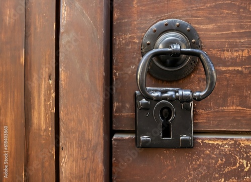 Old wooden door with lock. Brown old door handle and door lock over a brown wooden door