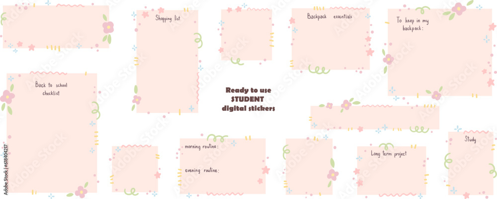 Ready to use floral student digital stickers. Digital note papers and stickers for bullet journaling or planning. Back to school planner stickers. Vector art.