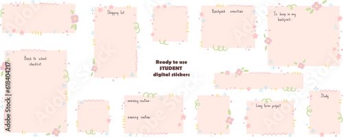 Ready to use floral student digital stickers. Digital note papers and stickers for bullet journaling or planning. Back to school planner stickers. Vector art.