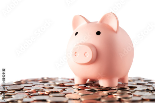 money coin business saving investment concept with pig bank saving on white background, money business economic management concept
