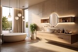 luxury, modern bathroom with wood cabinet, walk-in shower with marble tiled walls, freestanding bathtub.