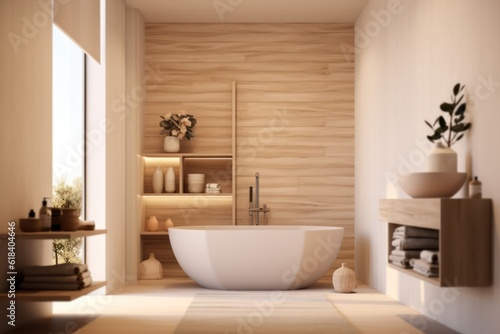 luxury  modern bathroom with wood cabinet  walk-in shower with marble tiled walls  freestanding bathtub.