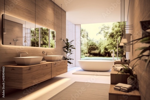 luxury  modern bathroom with wood cabinet  walk-in shower with marble tiled walls  freestanding bathtub.