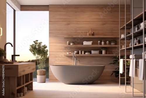 luxury  modern bathroom with wood cabinet  walk-in shower with marble tiled walls  freestanding bathtub.