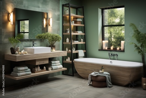 luxury  modern bathroom with wood cabinet  walk-in shower with marble tiled walls  freestanding bathtub.
