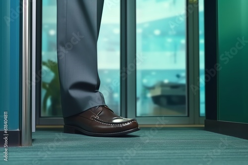 A foot in a business shoe stepping onto an office wallpaper