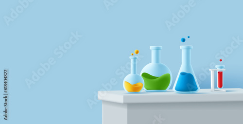 Laboratory table with glass beackers of different shapes and with coloured liquid, 3d render icon