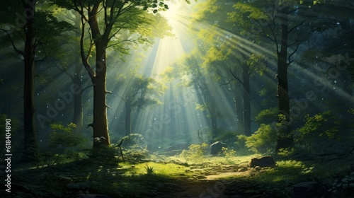 A tranquil forest scene with rays of sunlight piercing through the trees  evoking a sense of peace   generative ai