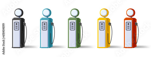 Retro style Gas station illustration with round price board and hose, 3d soft render style graphics in different colors icons