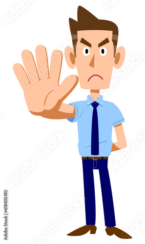制止する、半袖シャツにネクタイ姿の男性

