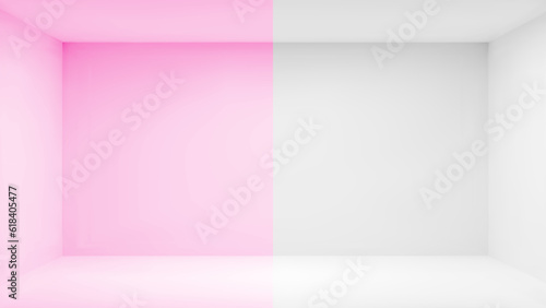 White and pink empty 3d room interior background. Inside studio clean floor and wall in candy color. Product photo shoot template scene illustration. Modern rectangle pastel office house corner.