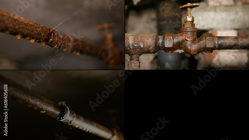 Old plumbing rusty pipes leak in the basement. Sewer old pipes. Multiscreen, collage.