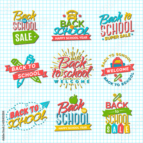 Set of Welcome back to school label with school supplies on checkered background. Back To School Background. Back to school super shopping. Super sale. Vector illustration.