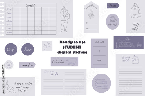 Ready to use violet student digital stickers. Digital note papers and stickers for bullet journaling or planning. Back to school planner stickers. Vector art.