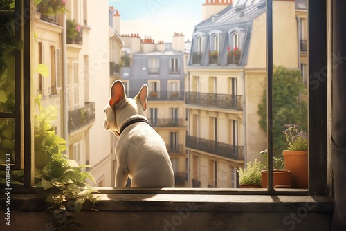A French Bulldog peering at a romantic Paris street