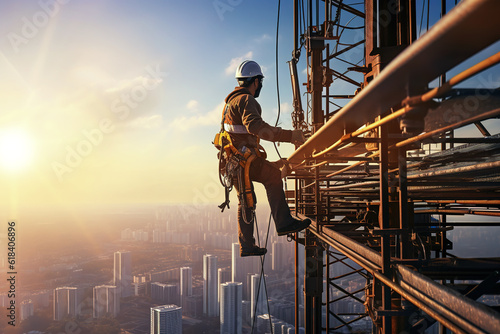 construction engineer worker at heights,architecture sci-fi construction working platform on top of building, suspended cables, fall protection and scaffolding installation. photo