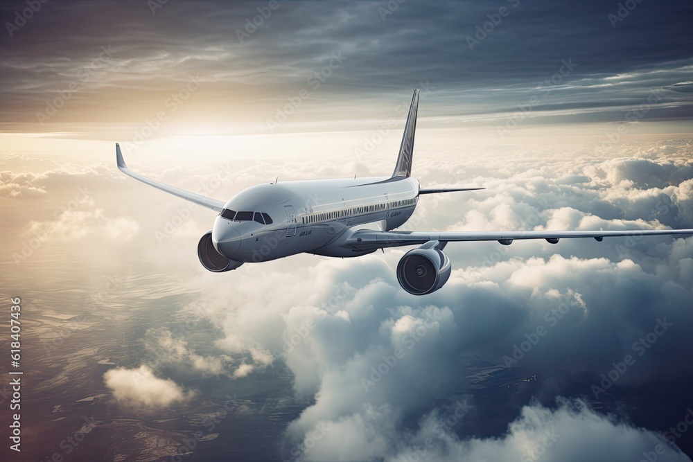 Airplane Flying in the Blue Sky. Travel and Transportation Concept with Copy Space Airplane Flying in the Blue Sky. Travel and Transportation Concept with Copy Space