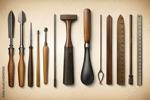 collection of vintage tools, hammer, chisel, screwdriver, grippers,, wooden ruler and rusty nails, isolated over a transparent background, 