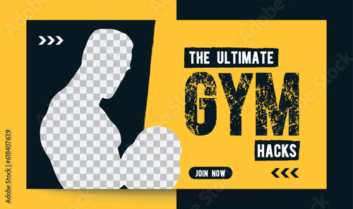 The ultimate gym hacks thumbnail and web banner vector template, editable, fitness, tips,gym, workout