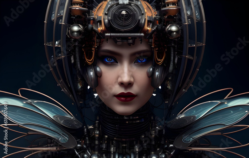 Woman glamorous biopunk robot with wings and electric wires on her head on a dark isolated background. Electrobiopunk woman portrait. Generative AI