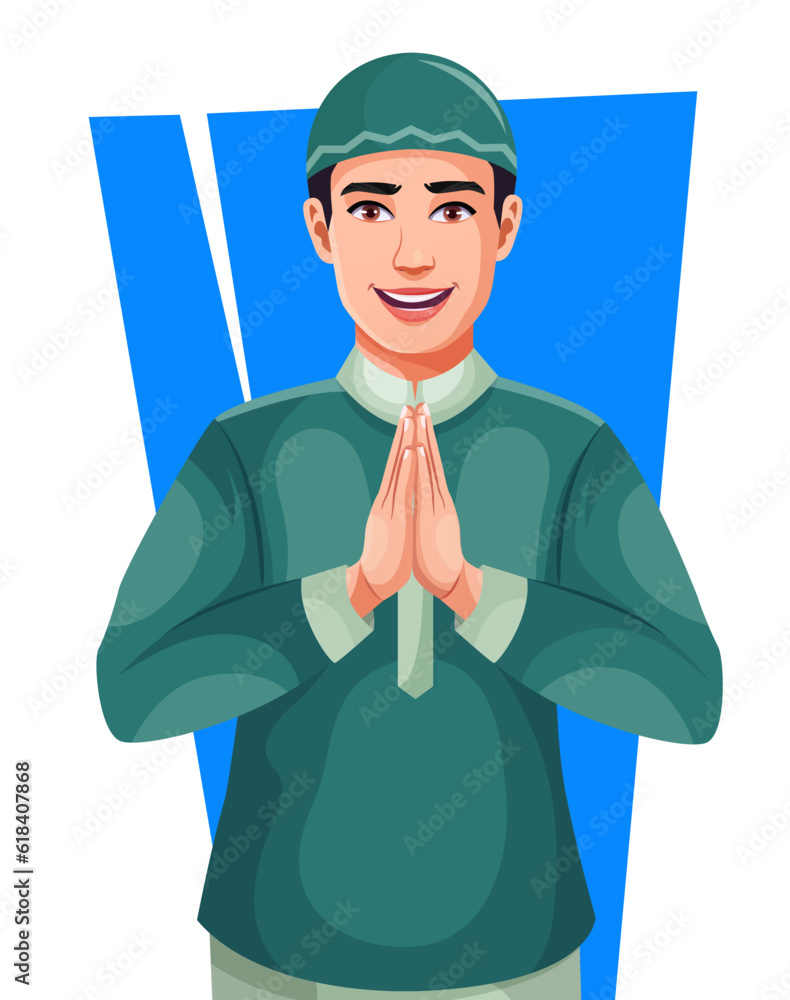 Handsome Smiling Muslim man greeting, standing in a greeting pose to ...