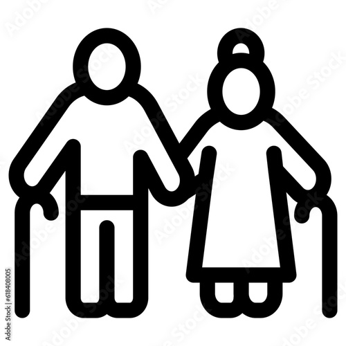 Senior people icon, Elderly couple with a cane stick, Vector outline icon.