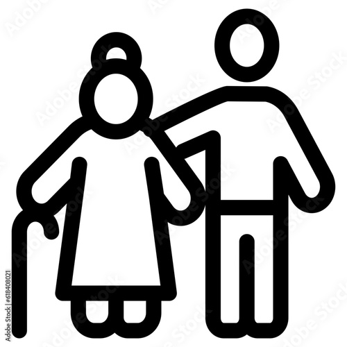Elderly woman caregiver, Volunteer, Vector outline icon.