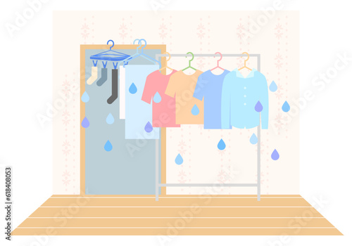 洗濯物の室内干しイラスト　湿気