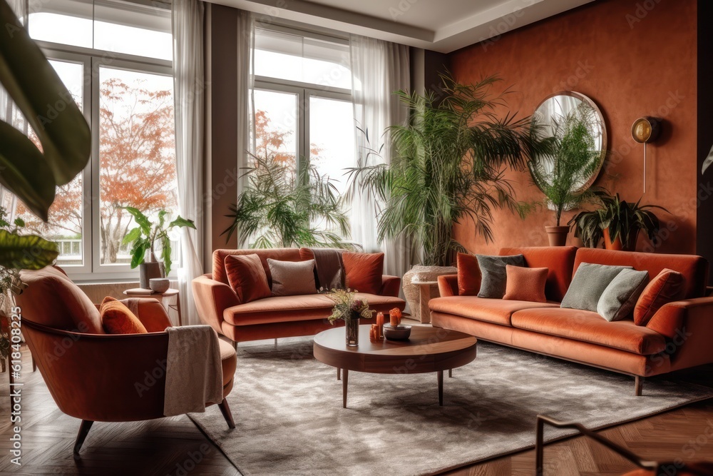 Luxury living room in house with modern interior design, orange velvet sofa, coffee table, pouf, gold decoration, plant, lamp, carpet, mock up poster frame and elegant accessories. 3d render Luxury living room in house with modern interior design, orange velvet sofa, coffee table, pouf, gold decoration, plant, lamp, carpet, mock up poster frame and elegant accessories. 3d render