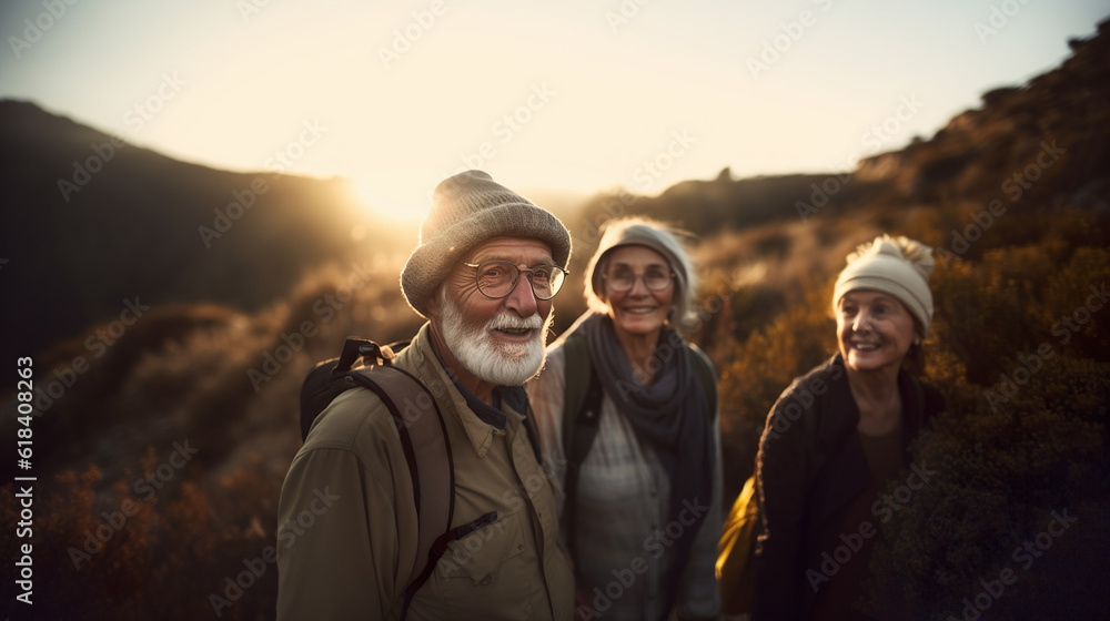 Happy senior people hiking with backpacks in mountains in autumn at sunset enjoying nature, AI generated