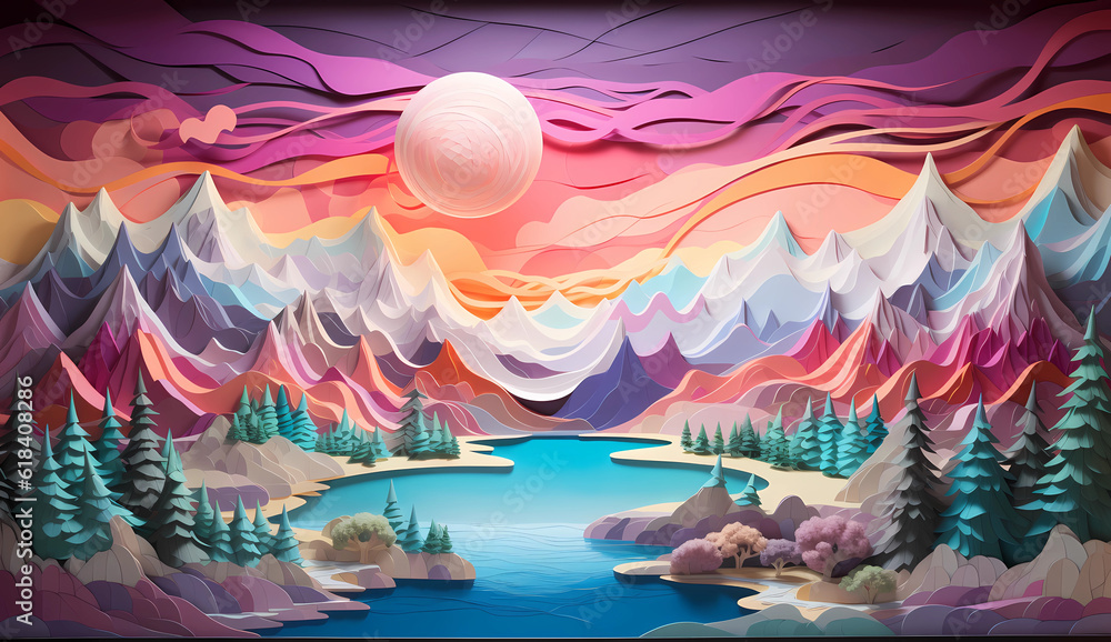 3D landscape with mountains and clouds at sunset, with cubist geometric shapes, light magenta and light azure, over a calm water lake. A fantasy world with luminous colors.