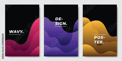 Colorful wavy layer paper cut background template copy space set. Pink, purple, and yellow backdrop design for poster, brochure, magazine, flyer, leaflet, cover, banner, booklet, or pamphlet.